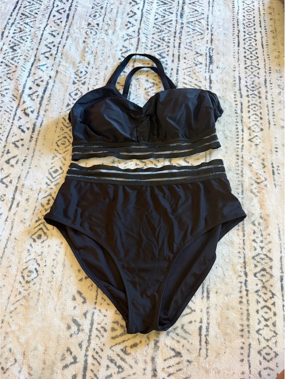 Amazon Black Two-Piece Swimsuit with Sheer Stripes Size XL